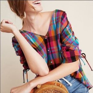 Maeve by Anthropologie Plaid Linen-Like Blouse